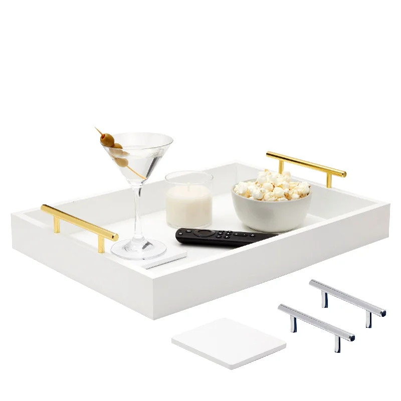 White Serving Tray for Coffee Table, 16x12" with Coasters and Decorative Interchangeable Gold and Silver Handles