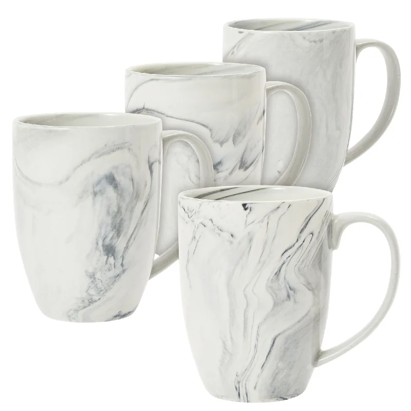 Set of 4 Grey Marble Ceramic Mugs for Coffee, Hot Cocoa, Tea (16oz)