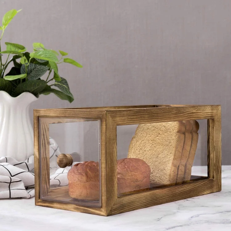 Clear Acrylic Bread Storage Box with Brown Burnt Wood Frame, 13-inches