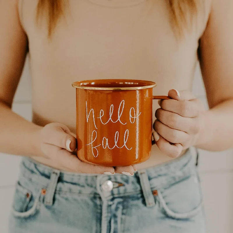 18oz Galvanized Steel Hello Fall Mug Burnt Orange Color Coffee Mugs