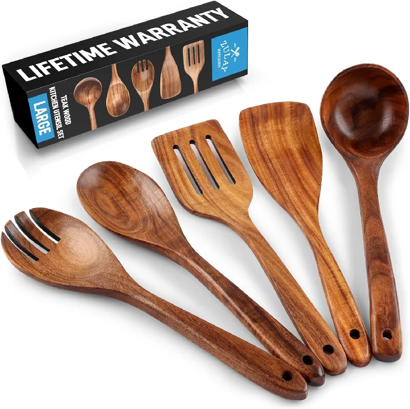 5-Piece Natural Teak Wooden Utensils for Cooking