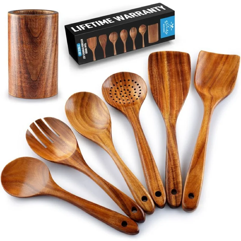 7-Piece Natural Teak Wooden Utensils for Cooking