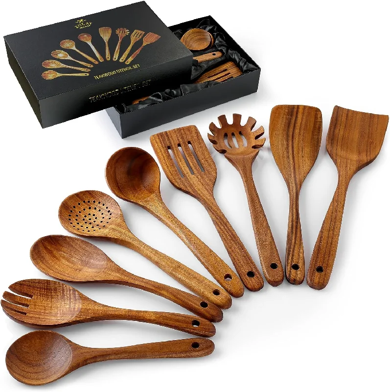 9-Piece Natural Teak Wooden Utensils for Cooking