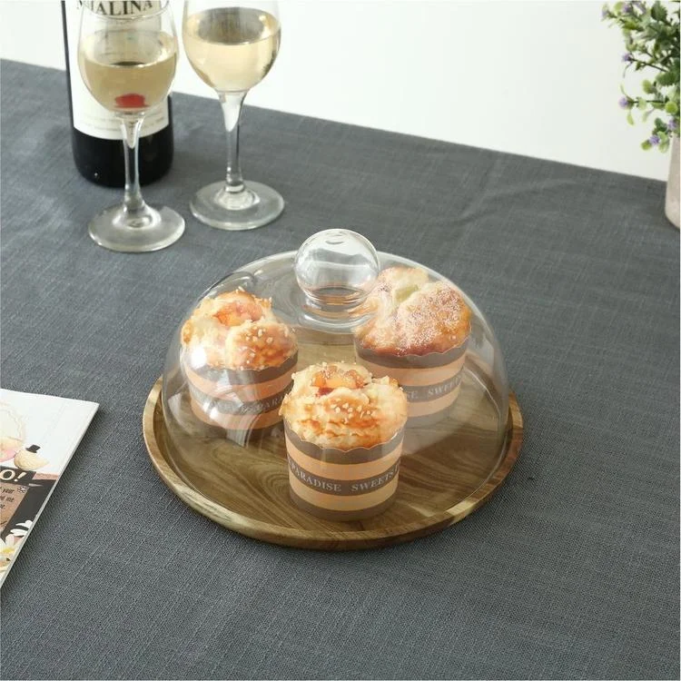 Clear Cake Dessert Glass Cloche Dome with Acacia Wood Serving Tray, 9 Inch