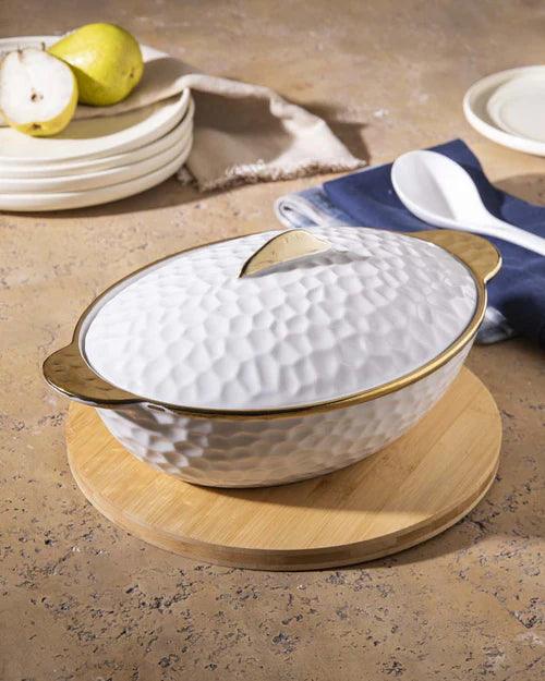 All White Dimple Serving Bowl with Lid