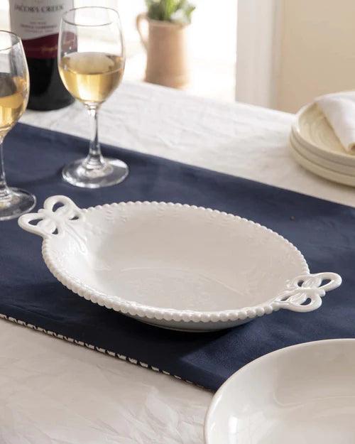 All White Embossed Oval Serving Bowl