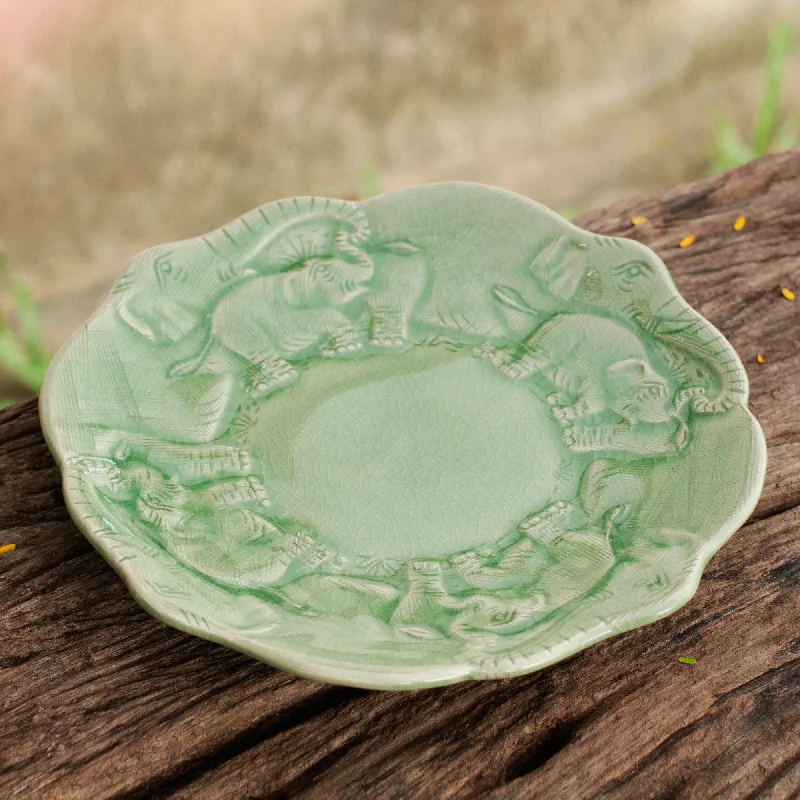 Artisan Crafted Elephant Theme Thai Celadon Ceramic Plate - Elephant Family