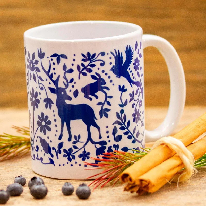 Artisan Crafted Otomi Blue Birds and Flowers Ceramic Mug - Blue Otomi