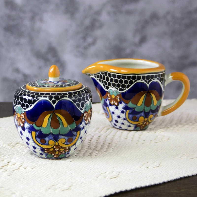 Artisan Crafted Talavera Style Creamer and Sugar Bowl Set - Zacatlan Flowers