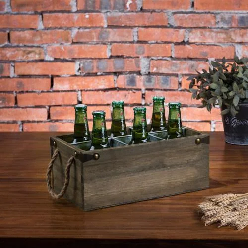 6-Slot Barnwood & Galvanized Metal Wine/Beer Bottle Crate with Handles