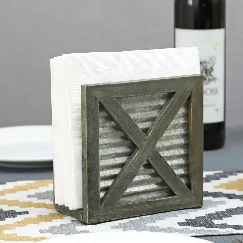 Barnwood Style Gray Wood & Galvanized Metal Napkin Holder