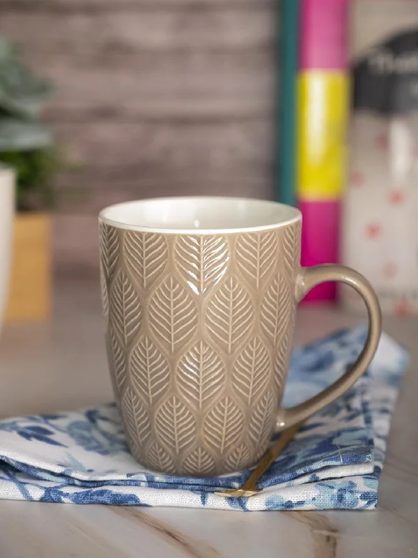 Beige Ceramic Mug - 360Ml, Leaf Pattern