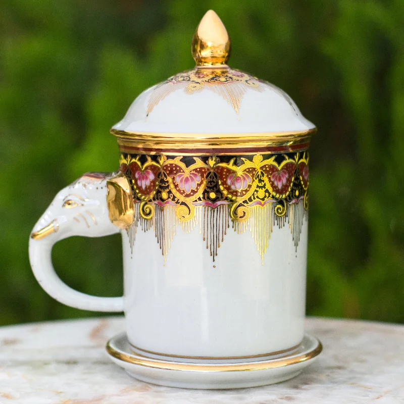 Benjarong White Elephant Coffee Mug and Lid with Gold Paint - Thai Iyara