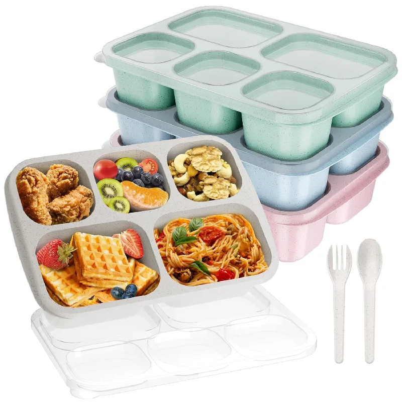 Bento Lunch Box, Bento Box, Reusable Lunch Box Kids with 5 Compartments Meal Prep Containers for Kids and Adults, Lunch Snack Containers with Utensils & Transparent Lids for School, 4 Pack (Wheat)