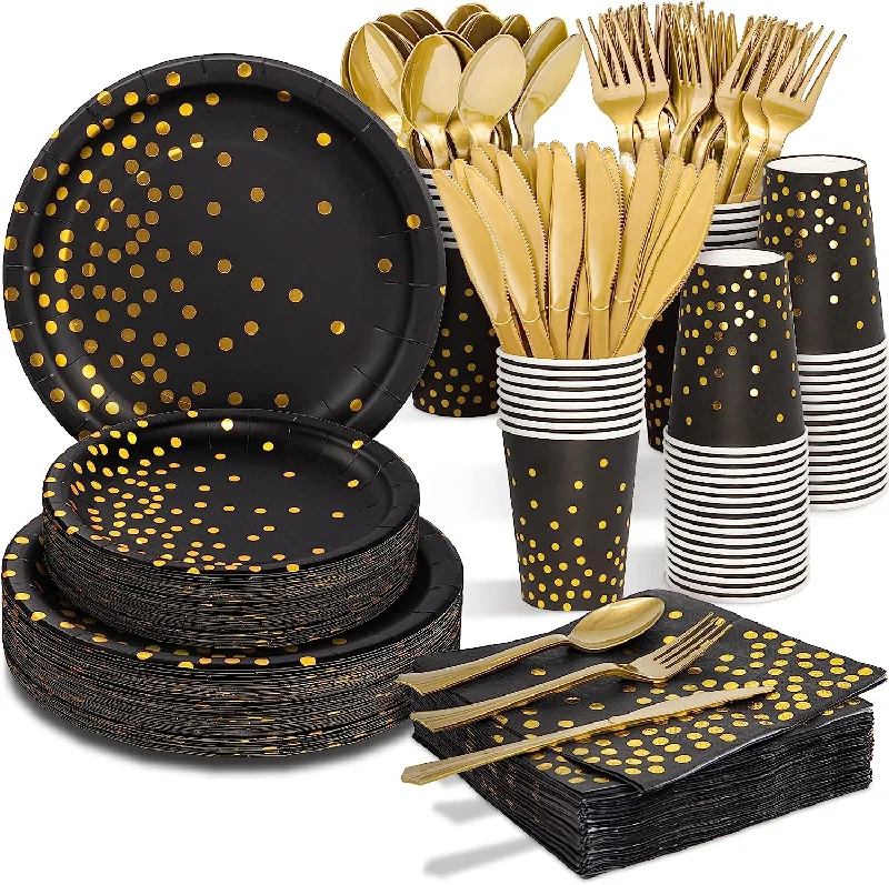 Black and Gold New Year Eve Party Supplies, 350 Pieces Disposable Dinnerware Set