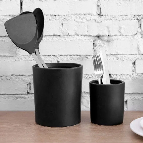 Black Ceramic Kitchen Crock Utensil Silverware Holder, Set of 2