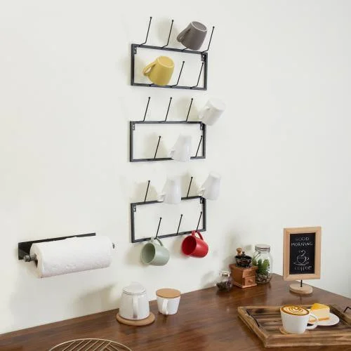 Black Metal Wall-Mounted Coffee Mug Rack, Set of 3