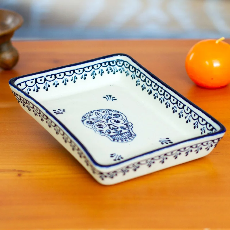 Blue and Cream Day of the Dead Skull Ceramic Serving Dish - Sugar Skull Server