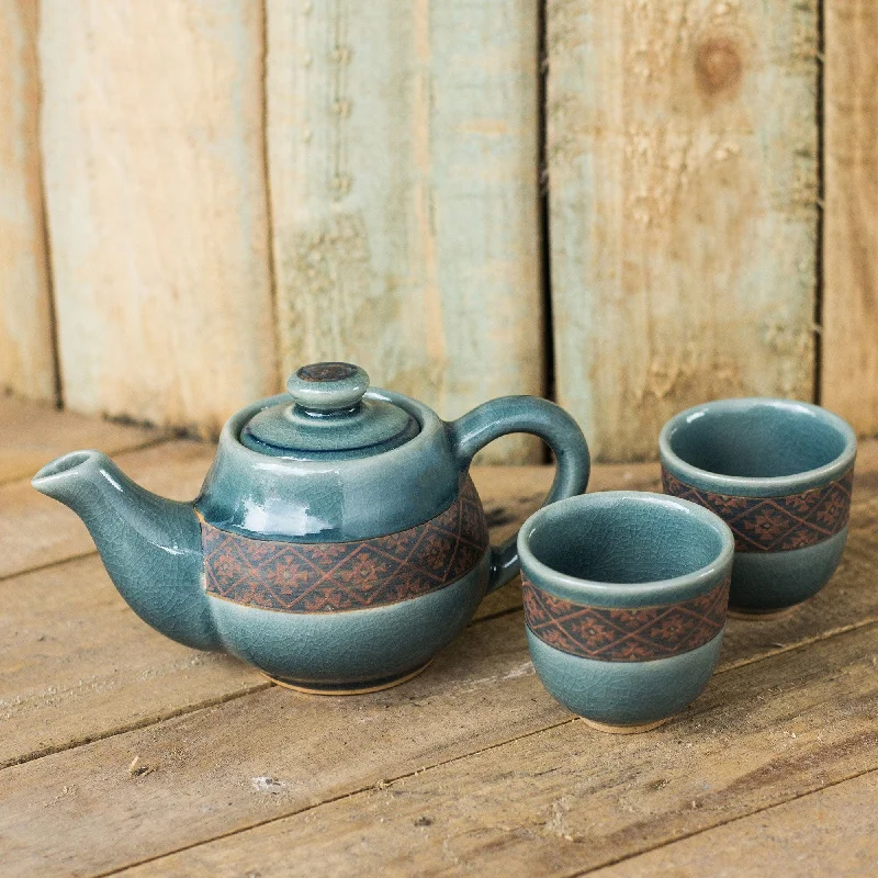 Blue Celadon Tea Set Handmade in Thailand (Set for 2) - Thai Weave Inspiration