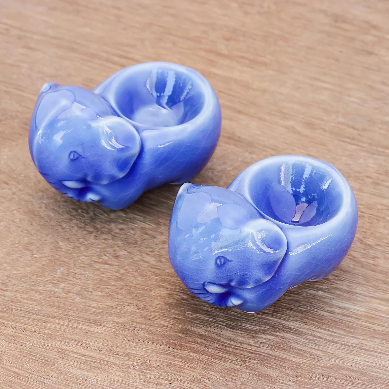 Blue Ceramic Elephant Egg Cups from Thailand (Pair) - Elephant Sisters