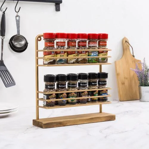 Rustic Brass Tone Metal & Burnt Wood Spice Rack