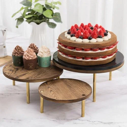 Burnt Wood Dessert Display Riser with Brass Tone Legs, Set of 3