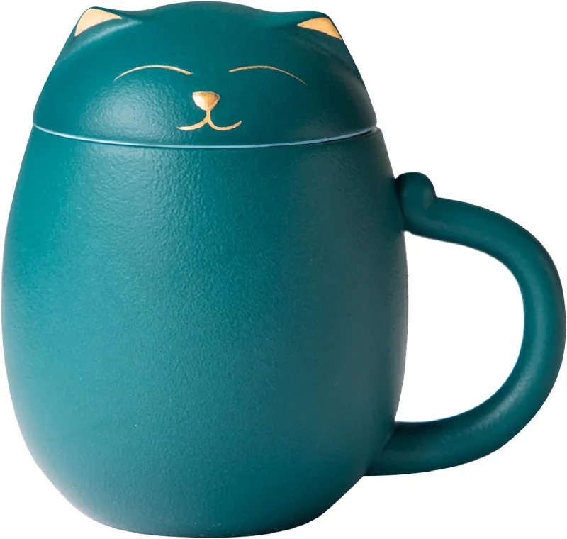 Cat Ceramic Tea Mug with Infuser and Lid, Green