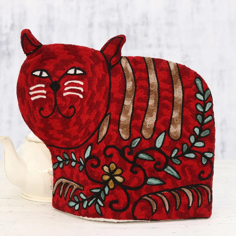 Cat-Shaped Aari Embroidered Wool Tea Cozy in Red from India - Delightful Cat in Red