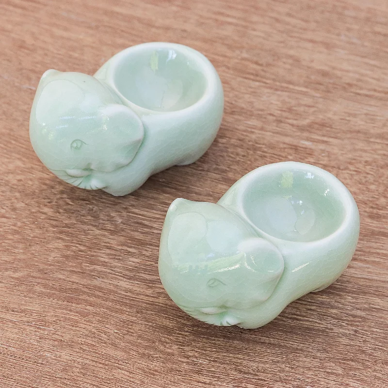 Celadon Ceramic Elephant Egg Cups from Thailand (Pair) - Elephant Sisters