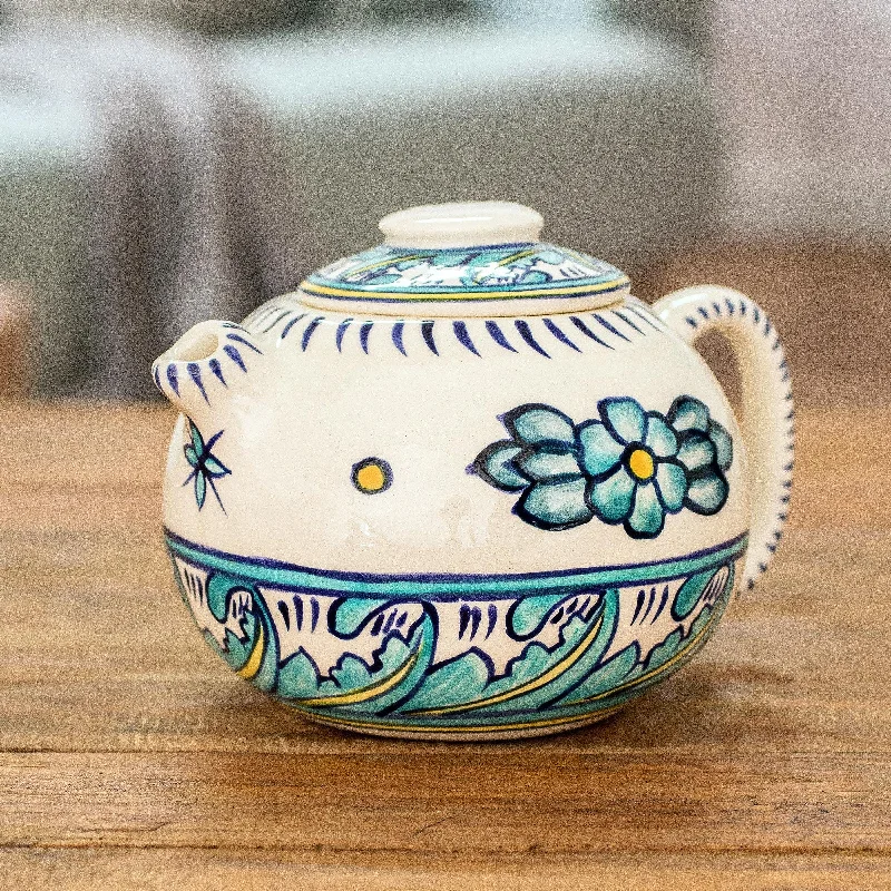 Ceramic White and Turquoise Teapot - Quehueche