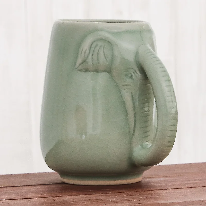 Ceramic Celadon Elephant Mug in Green from Thailand - Morning Elephant in Green