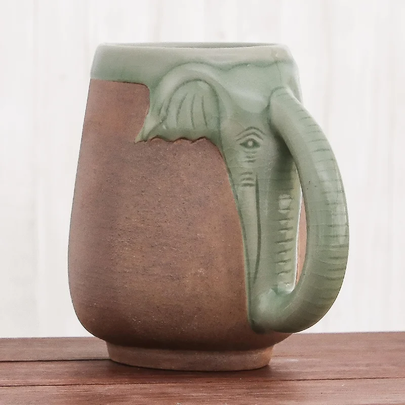 Ceramic Celadon Thai Elephant Mug in Green and Brown - Morning Elephant