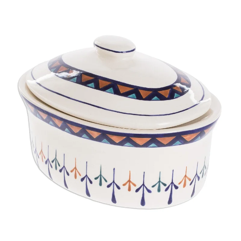 Ceramic Hand Painted Covered Oval Casserole Geometric Motif - Antigua Breeze