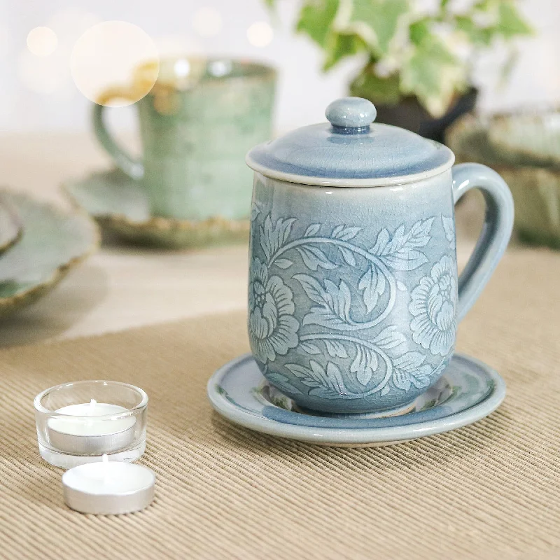 Classic Crackled Blue Celadon Ceramic Covered Cup and Saucer - Luxury Peony in Blue