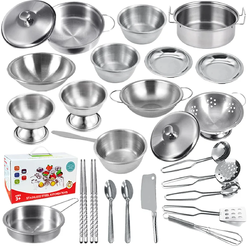 Classic Stainless Steel Kitchen Toys Cooking Utensils Set Pretend Play Pots Pa