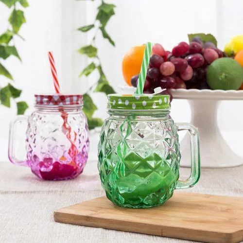 Colorful Pineapple-Shaped Mason Jar Mug Glasses with Straws & Lids, Set of 6