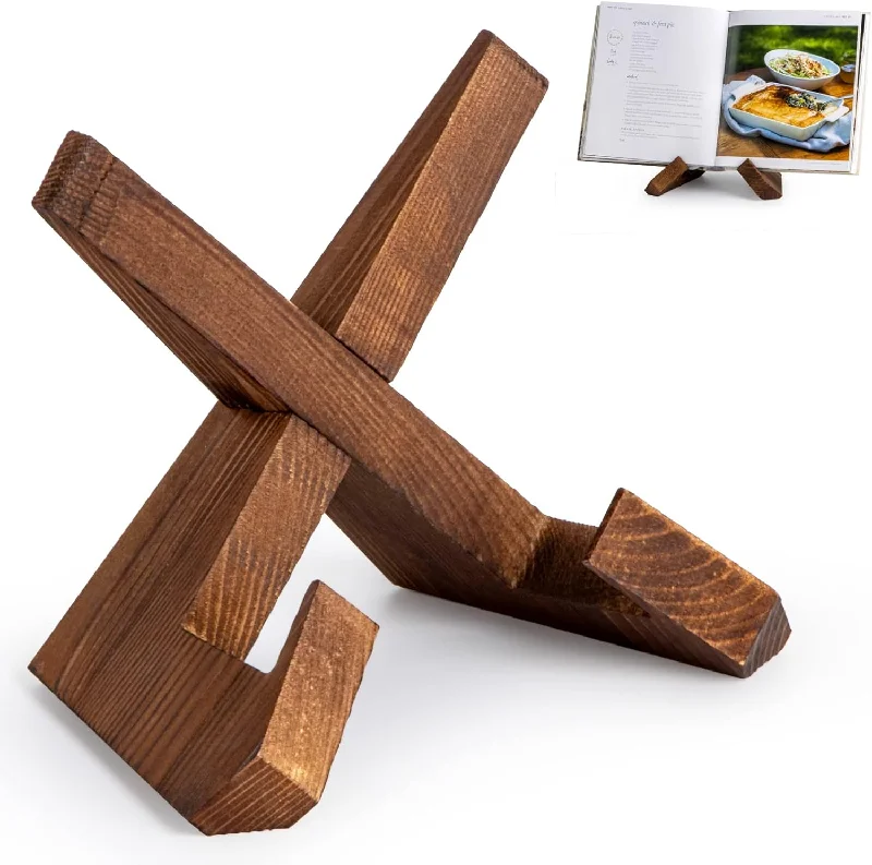 Cookbook Stand Wooden Book Holder for Kitchen Counter Decor - Brown