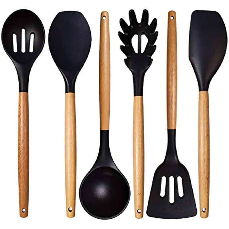 Cooking Utensils Set With Heat Resistant Wooden Handle - Set Of 6