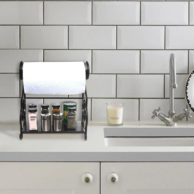 Black Metal Countertop Paper Towel Holder with Condiment Shel