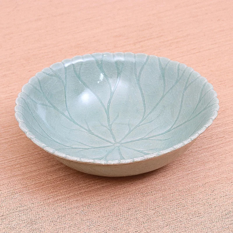 Crackle Finish Celadon Ceramic Bowl - Lotus Garden