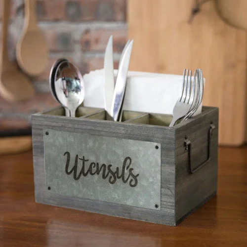 Dark Gray Wood and Galvanized Metal Utensil Holder