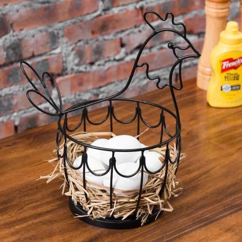 Decorative Black Metal Wire Chicken Design Egg Storage Basket