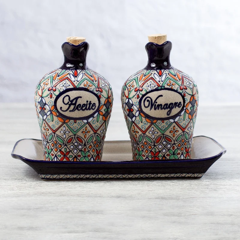 Elegant Hand Painted Oil and Vinegar Cruet Set (3 Pieces) - Flowers of Guanajuato