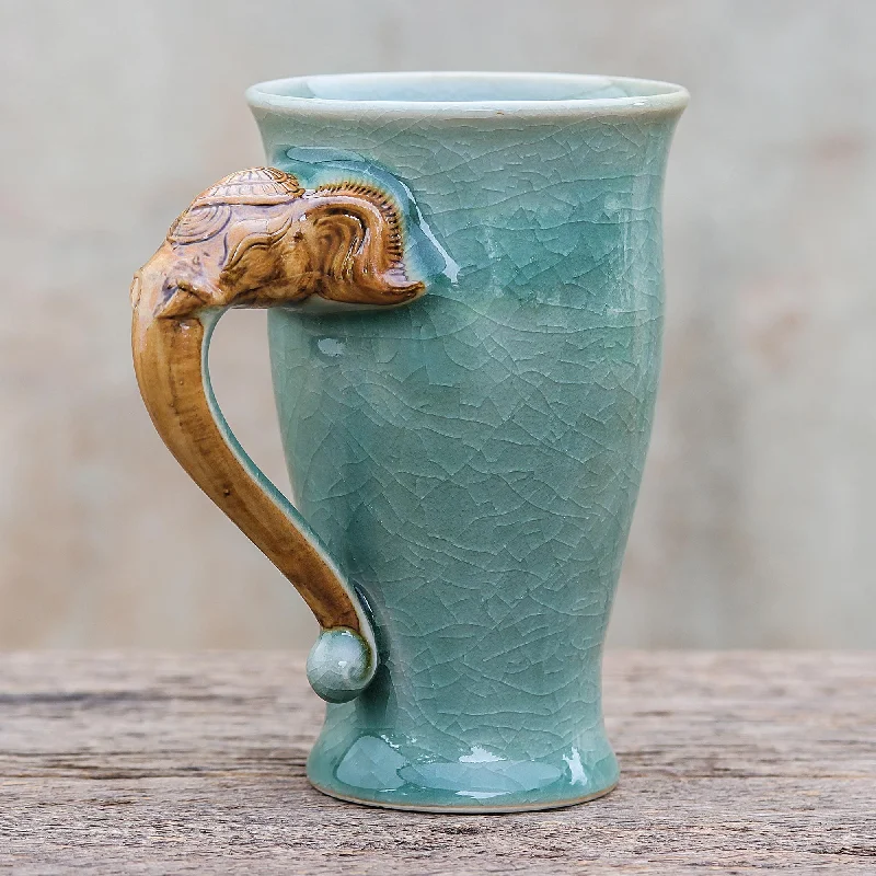 Elephant-Themed Celadon Ceramic Mug from Thailand - Elephant Handle in Green