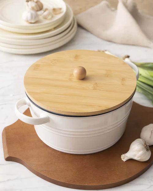 Enameled Buffet Casserole with Wood Lid, White - Large