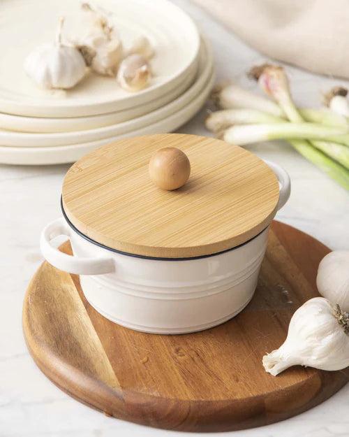 Enameled Buffet Casserole with Wood Lid, White - Medium