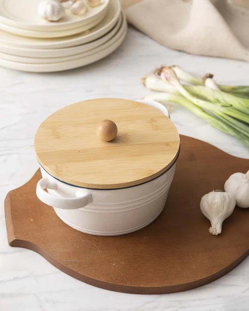 Enameled Buffet Casserole with Wood Lid, White - Small