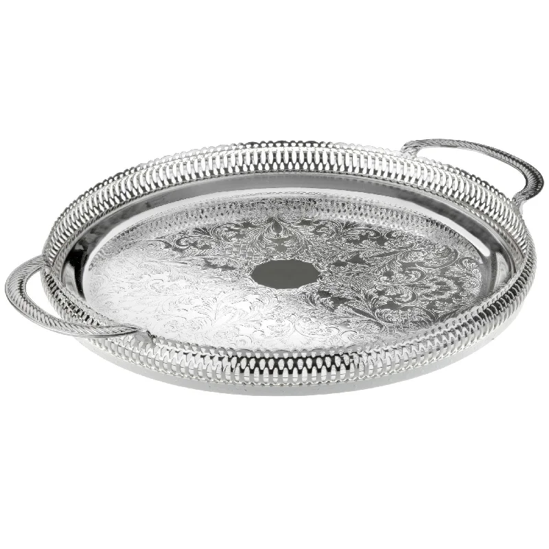 English Silver Plate Gallery Round Tray with Handles