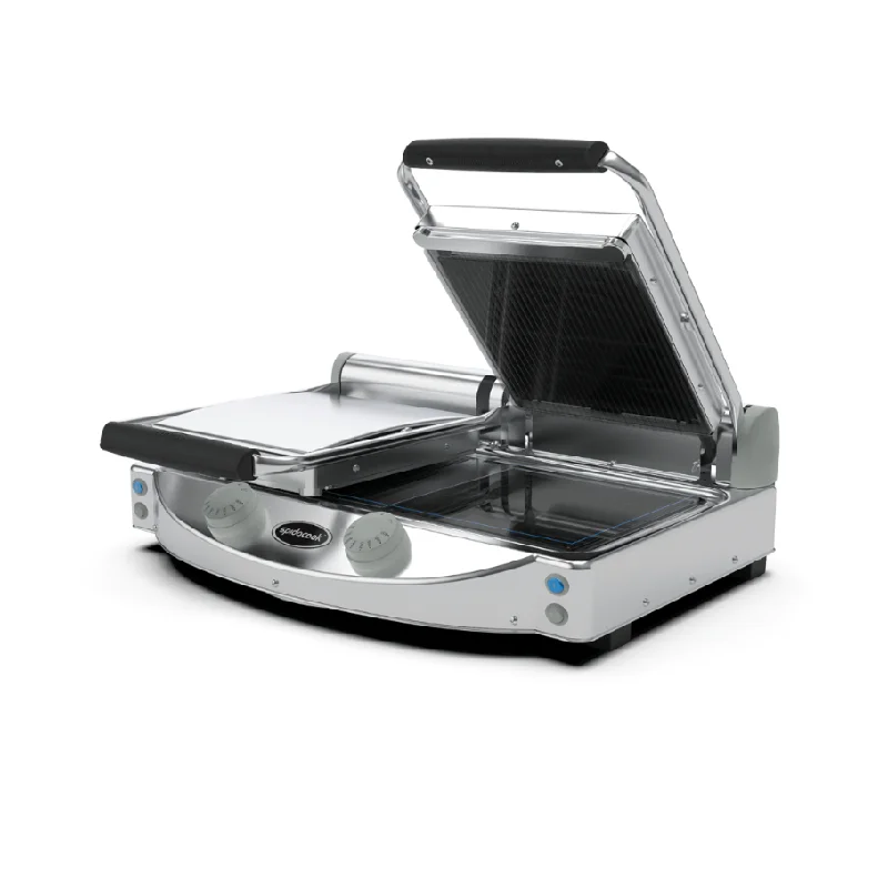 Spidocook SAP020PR 24" x 18" Double Commercial Panini Grill with Grooved Top & Smooth Glass Bottom 240V