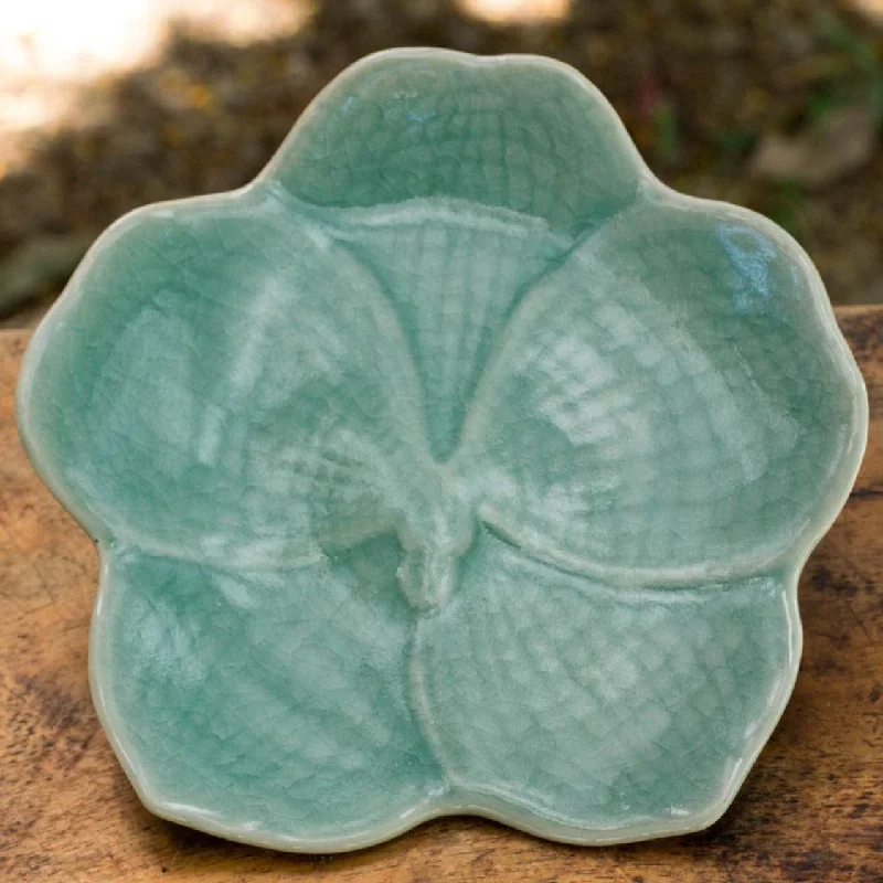 Floral Celadon Ceramic Serving Plate - Light Blue Vanda